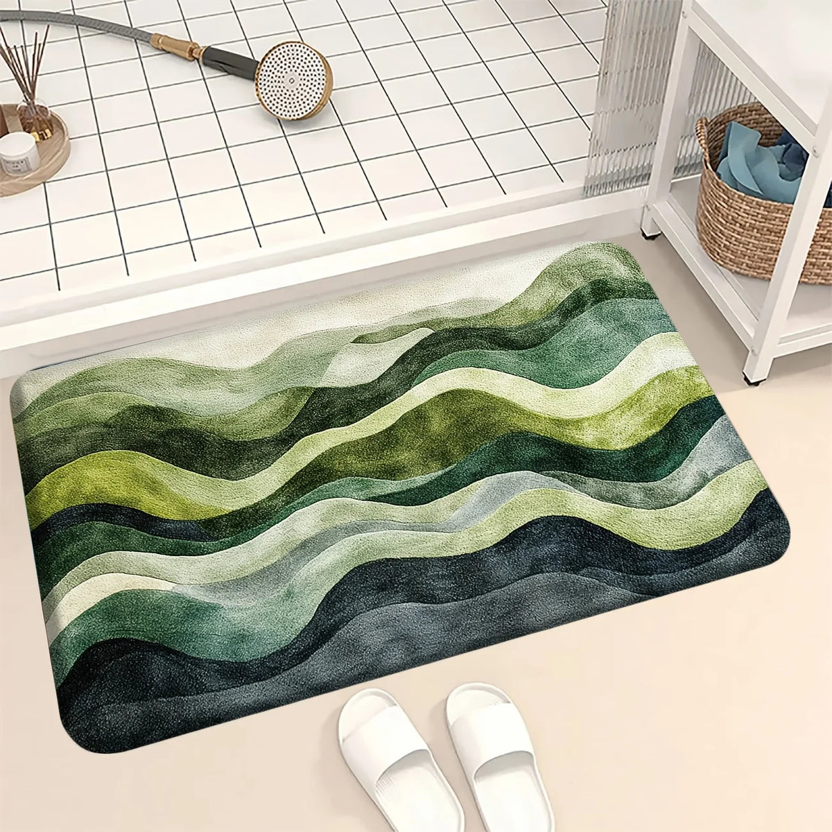 tapis moderne rayures ondulées vert gris imperméable antidérapant bain entrée cuisine exercice oriental 40x60cm