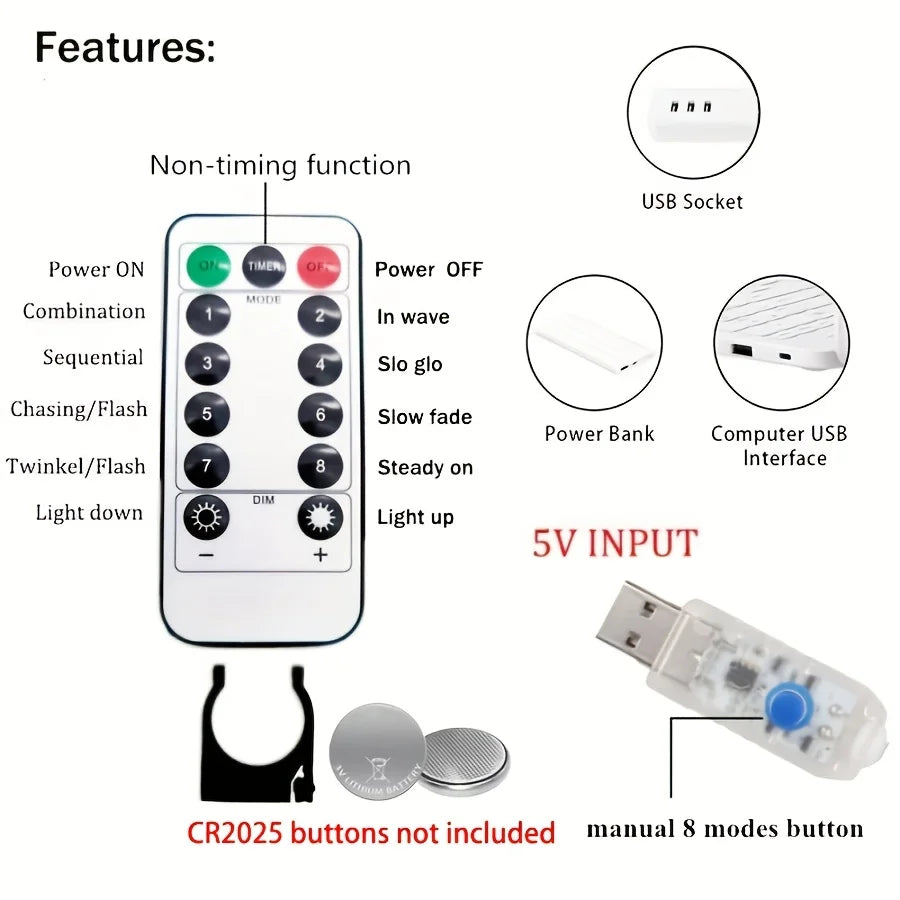 rideau lumineux led multicolore moderne télécommande usb modes blanc jaune beige points lumineux festive