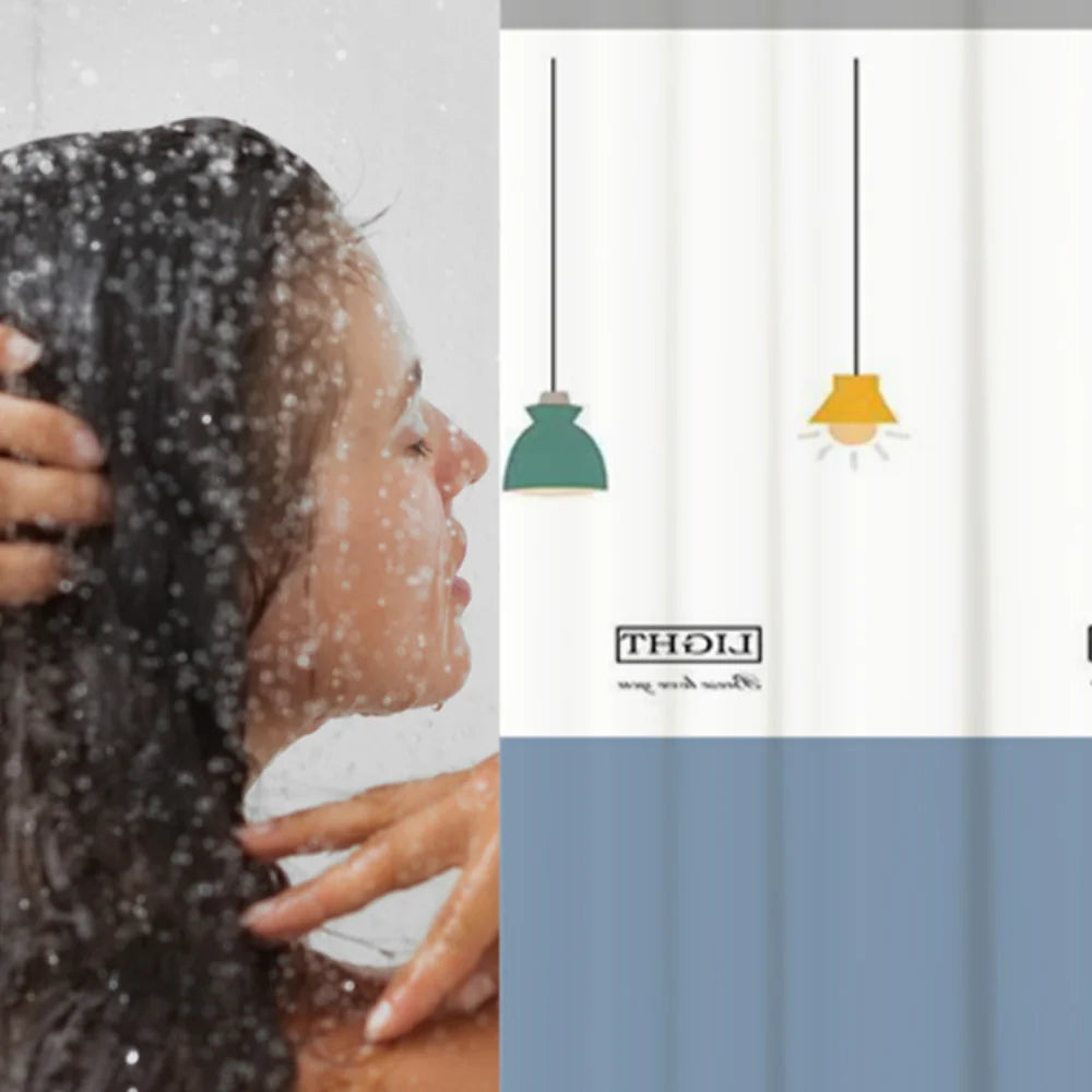 rideau douche polyester plissé motifs géométriques moderne blanc gris bleu jaune vert opaque anneaux
