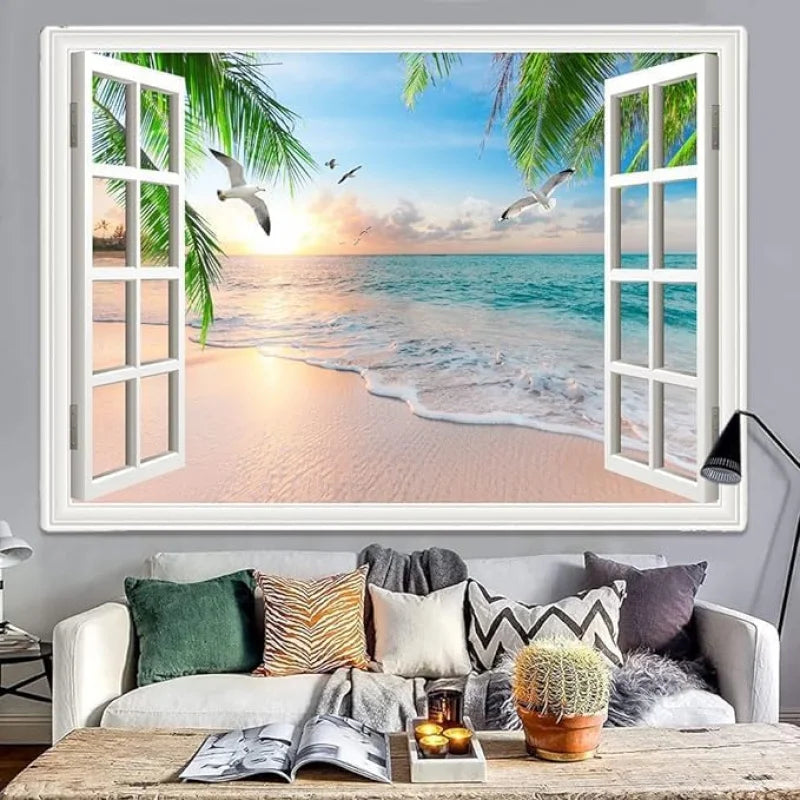 poster mural paysage marin plage palmiers couchersoleil adhésif lavablepolyester blanc vert bleu beige doré