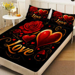 housse couette romantique imprimée roses rouges coeurs love élégante coton polyester noir rouge doré
