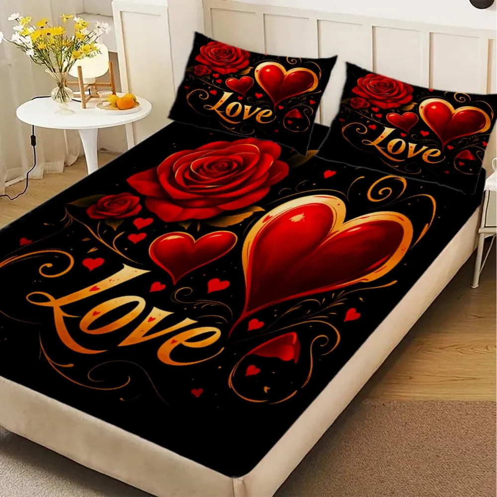 housse couette romantique imprimée roses rouges coeurs love élégante coton polyester noir rouge doré