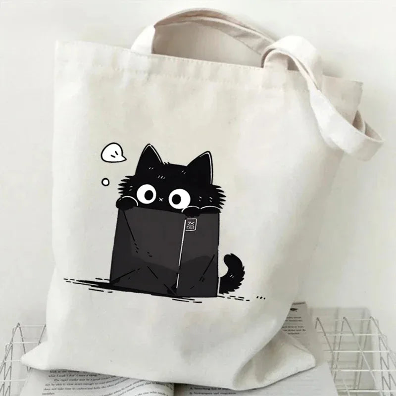sac main femme toile chat cartoon noir blanc motifs animaux décontracté sans fermeture éclair