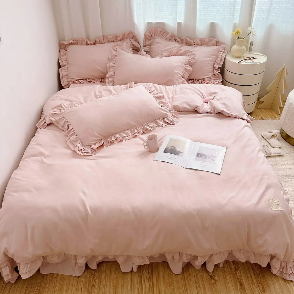 ensemble literie coton brossé ruffles romantique noir rose gris vert beige taies oreillers couverture
