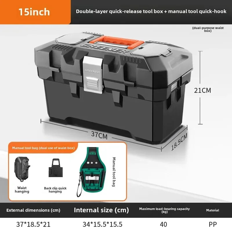 boîte outils noire orange clips multifonctionnelle perceuse batterie sac clé douille première secours lampe