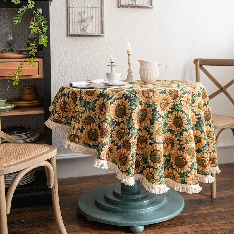 nappe table fleurs tournesol vert jaune beige classique rustique polyester réutilisable pâques noël