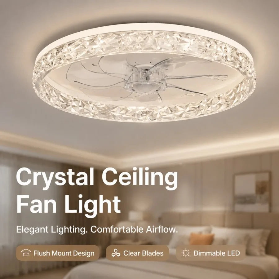 ventilateur moderne lumière led vitesses télécommande cristal blanc