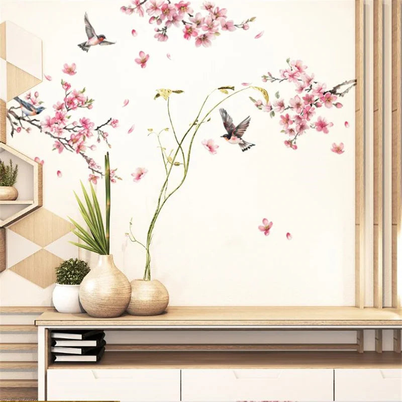 sticker mural fleurs cerisier oiseaux blanc rose vert réaliste adhésif chambre salon decoration murale