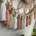 décoration murale boho dreamcatcher bois tassels beige vert moutarde blanc