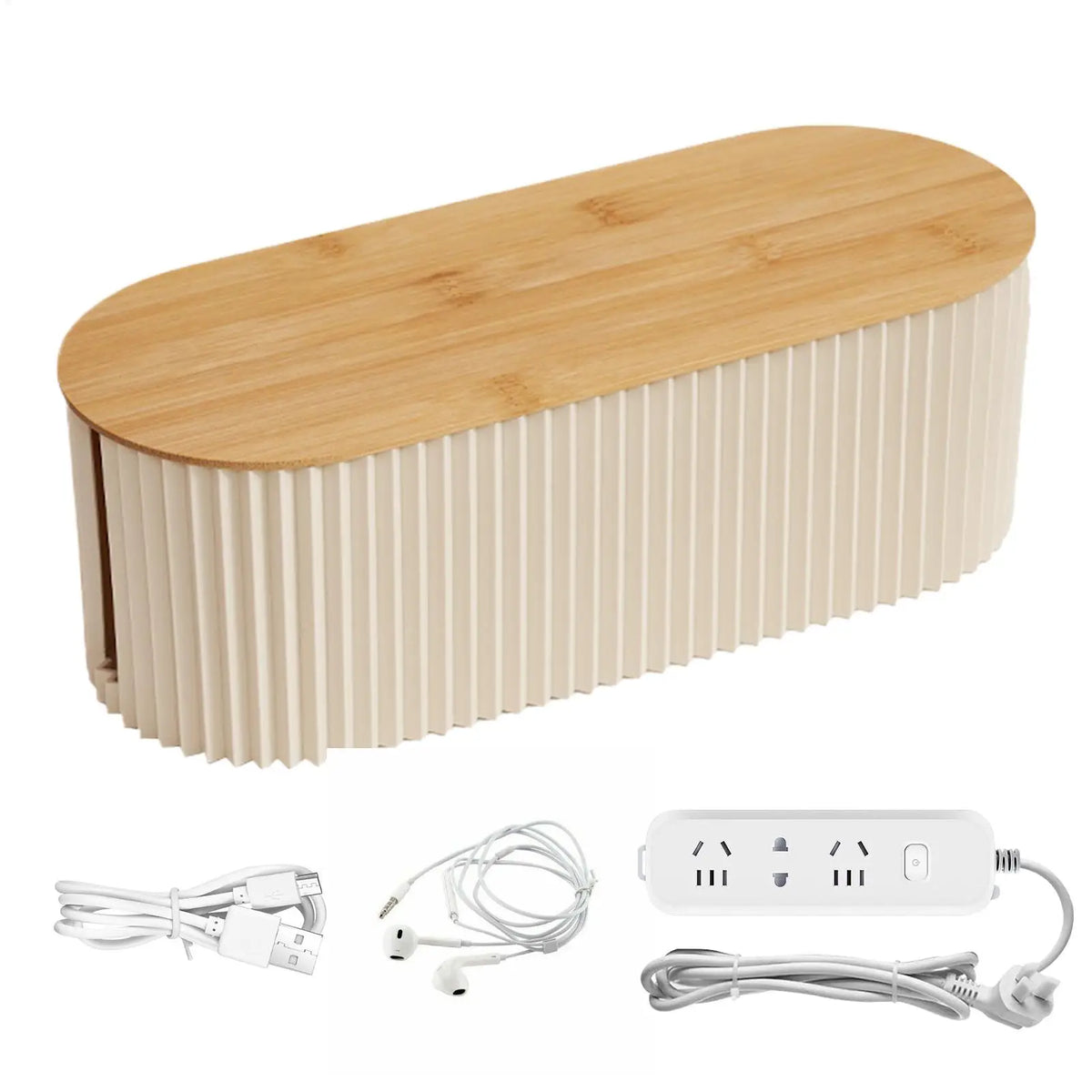boîte rangement câbles prise moderne minimaliste beige noir rayures vertical chambre salon étudiant