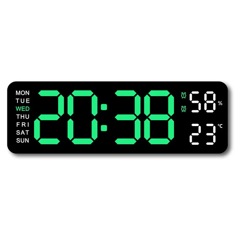 réveil numérique LED horloge murale température jour semaine noir blanc bleu vert moderne minimaliste