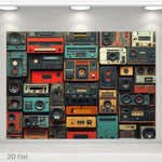 tapis mural vintage radios multicolore collage audio décor moderne chambre salon