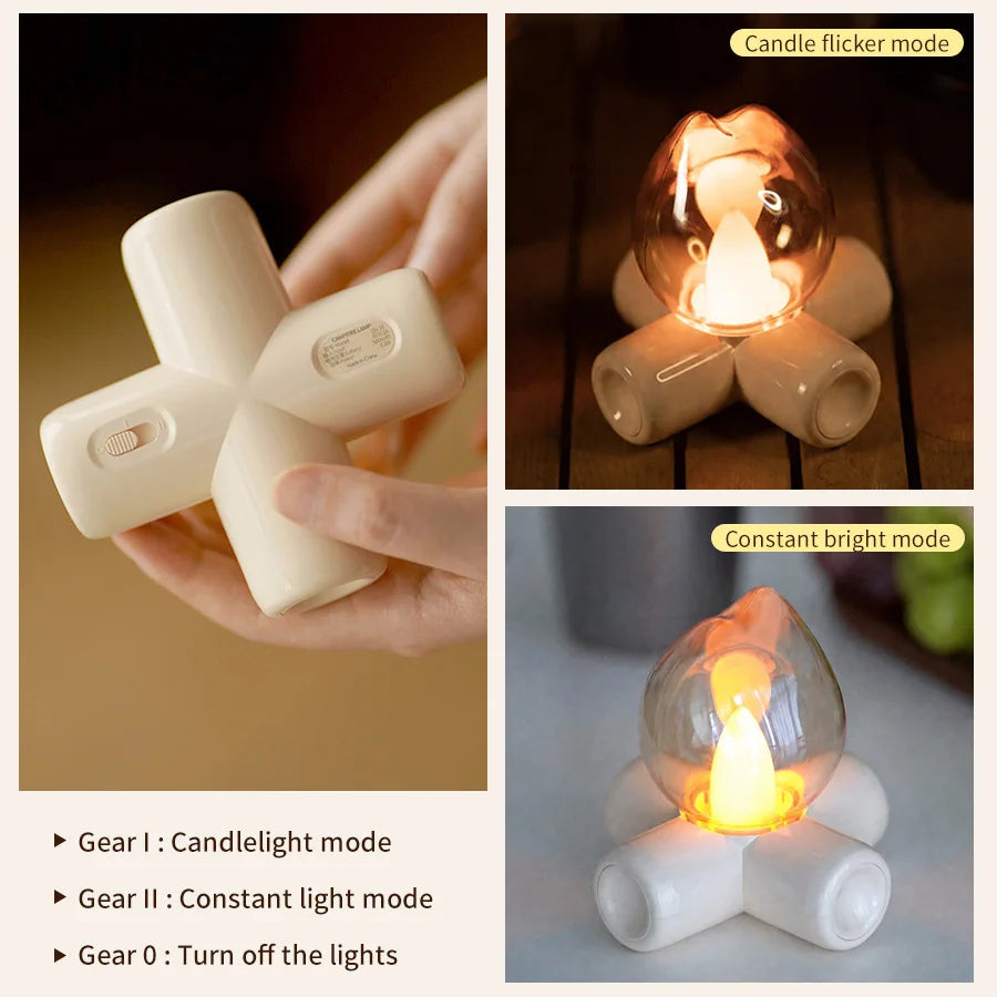 lampe led rechargeable effet flamme veilleuse moderne transparente base bois ambiance chambre portable camping