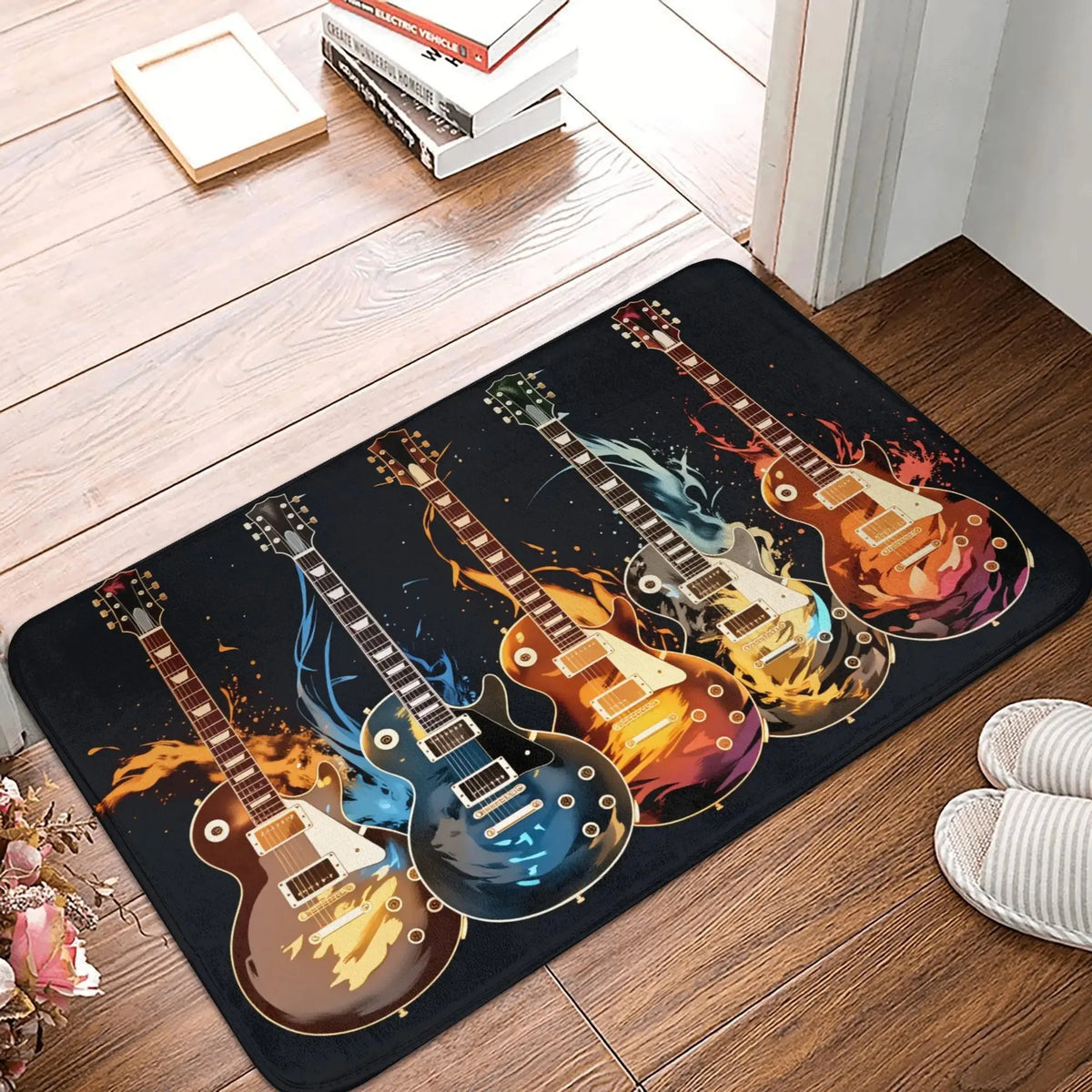 tapis sol moderne guitares enflammées antidérapant noir multicolore 50x80cm