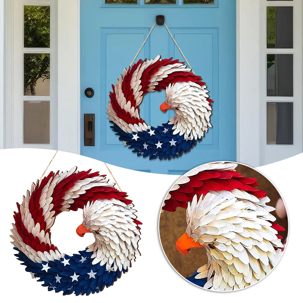 couronne d'aigle patriotique bois motif étoiles blanches plumes relief 30 cm