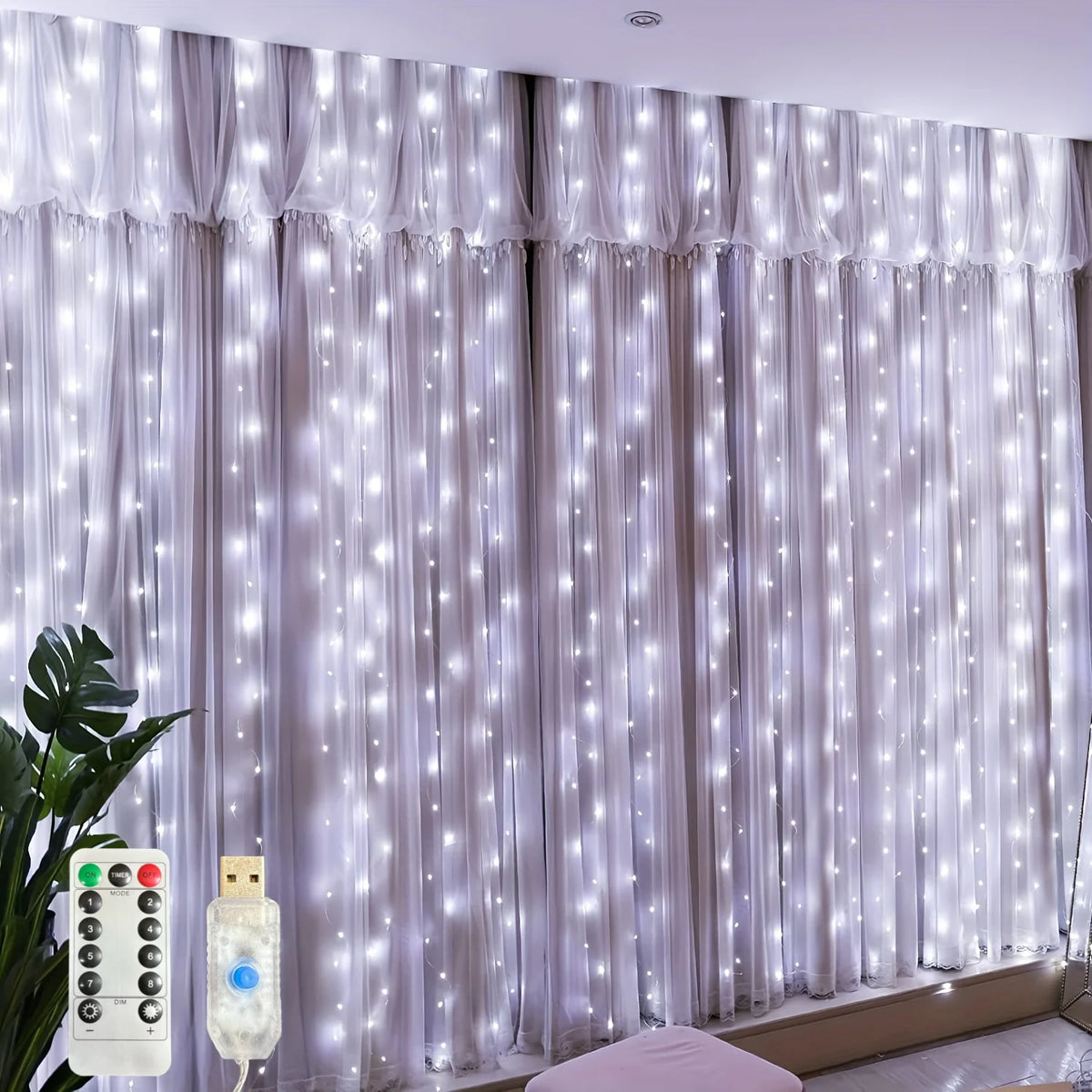 rideau lumineux led blanc jaune doré moderne télécommande câble usb noël festive