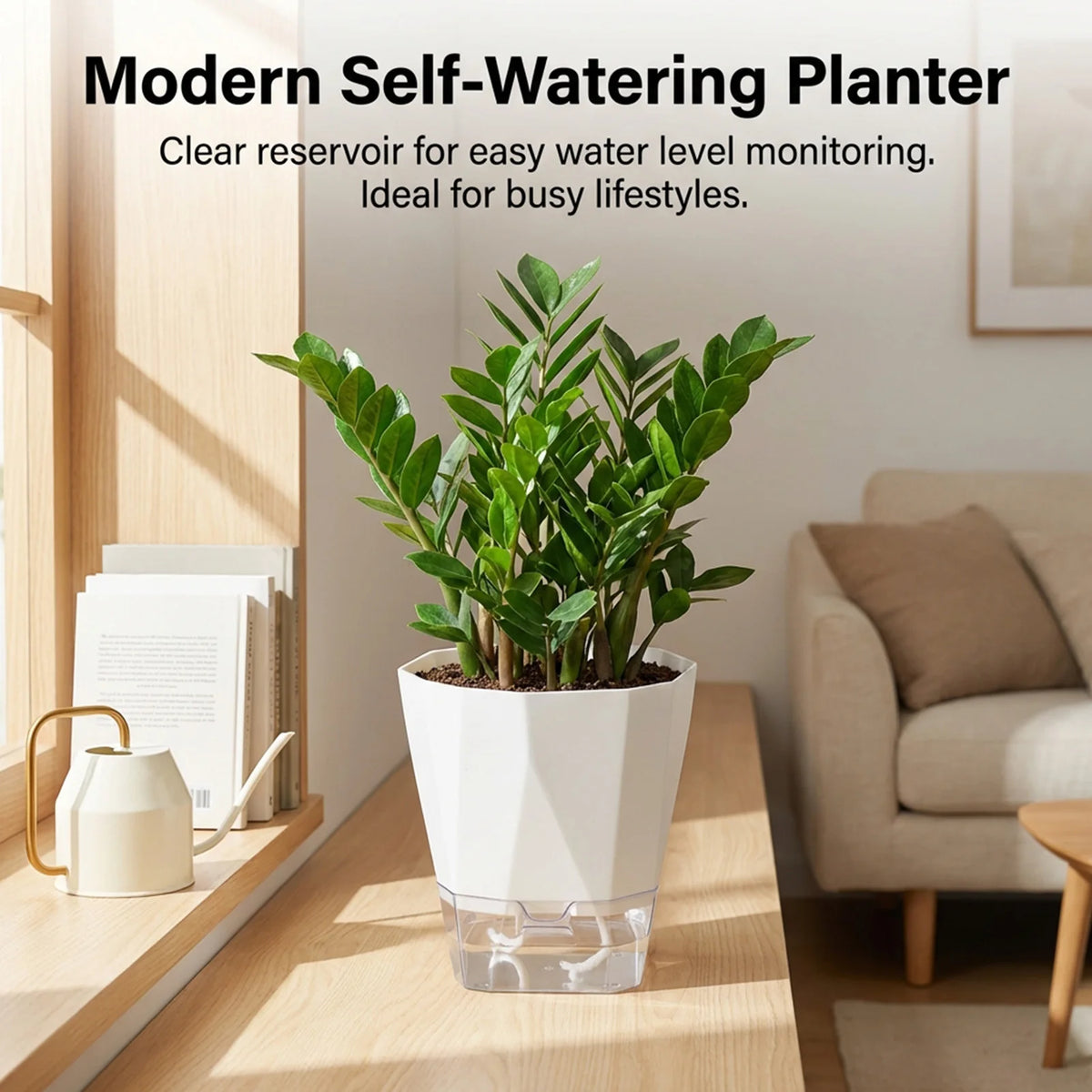 jardinière auto arrosante résine moderne pot fleur transparent racines croissance optimisée pothos plante verte