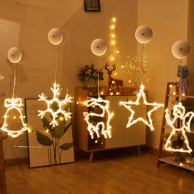 Décoration de Noël suspendue pour vitre avec lumière LED étoiles et flocons