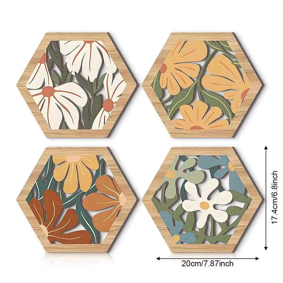 coasters hexagonaux bois naturel fleurs stylisées moderne adhésif double face blanc vert orange bleu