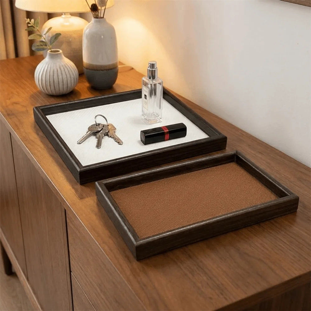 plateau rangement bois texturé moderne marron blanc bijoux cosmétiques organisation coiffeuse
