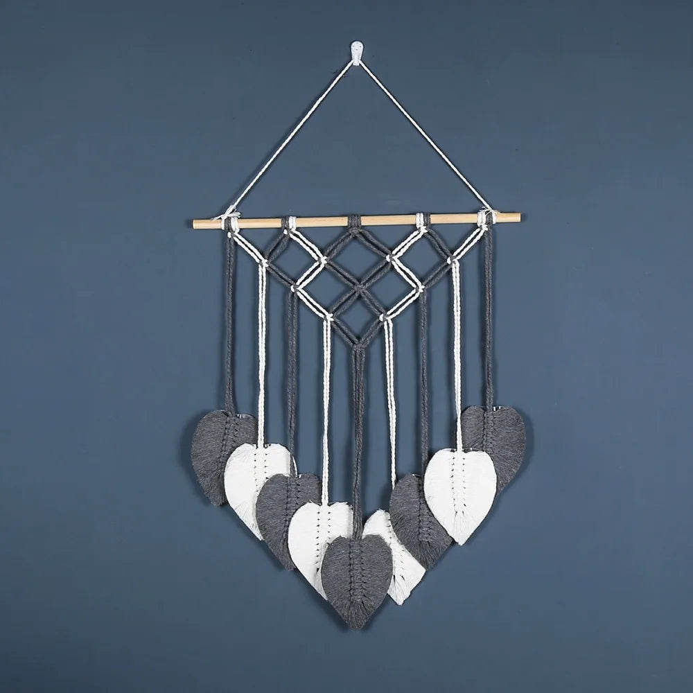 tapisserie boho chic macramé franges coeurs orange blanc bleu vert marron clair coton mur