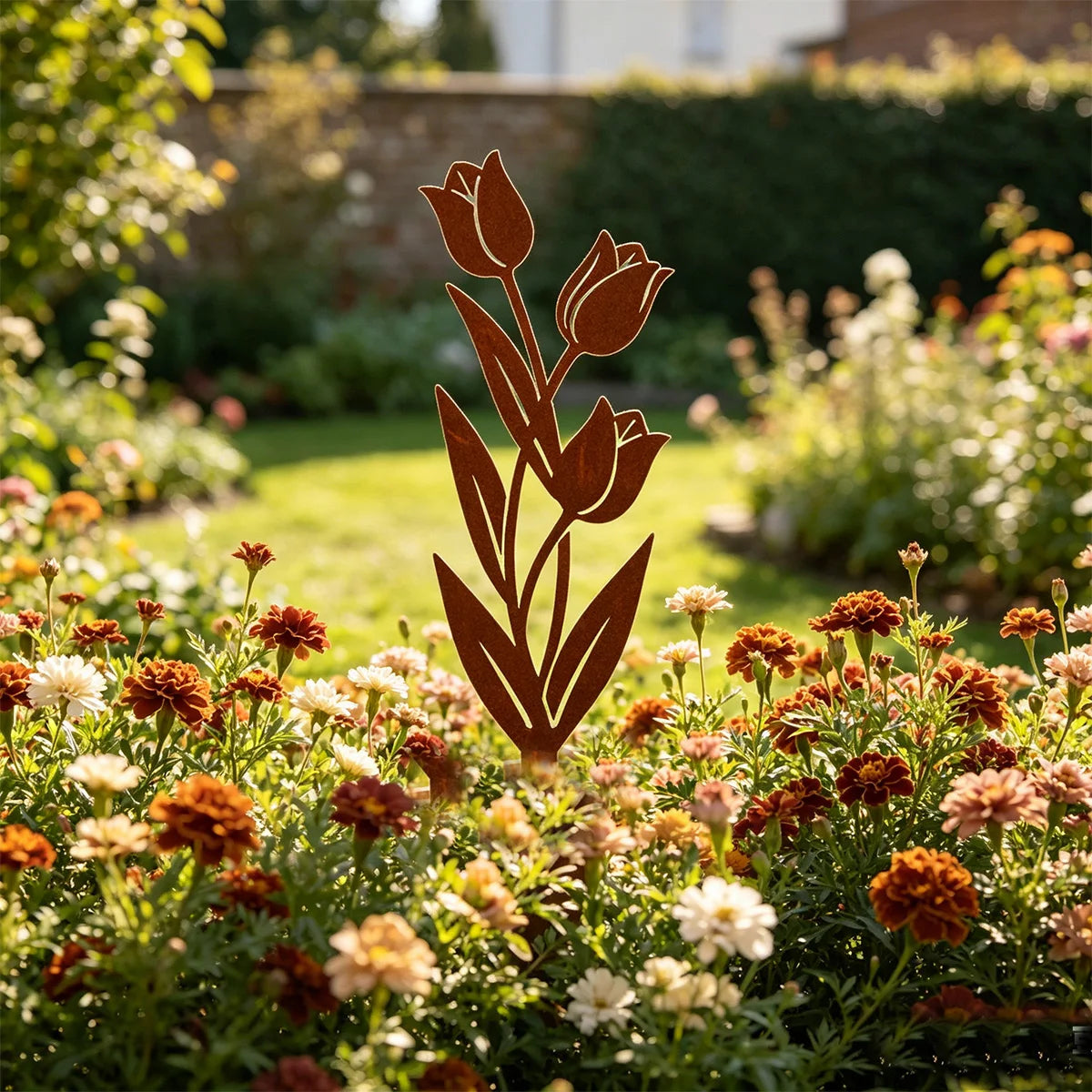 plaque décorative métallique moderne tulipes marron clair extérieur jardin pot fleurs minimaliste embellissement artistique