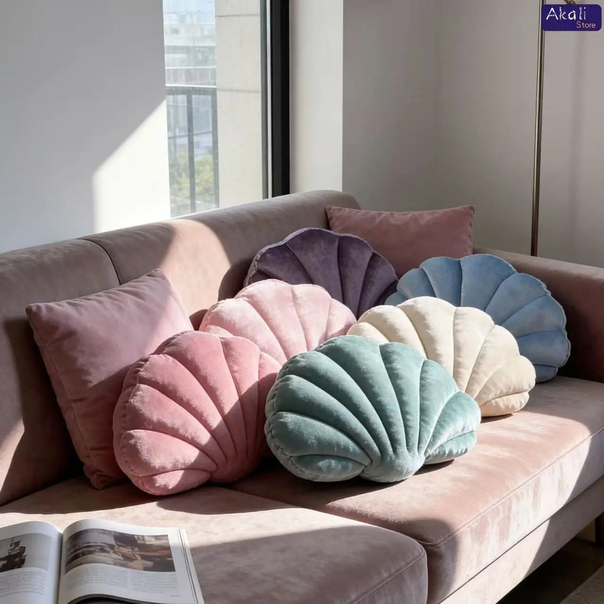 coussin velours coquillage lavable moderne rose bleu violet lit salon chambre