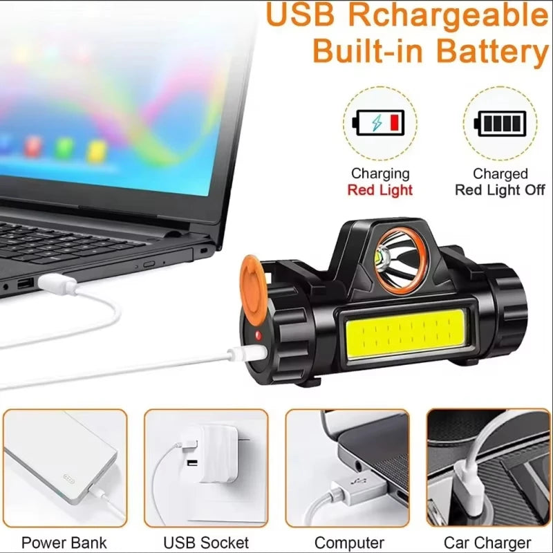 lampe frontale led noire rechargeable bande élastique câble usb jaune orange utilitaire sportive