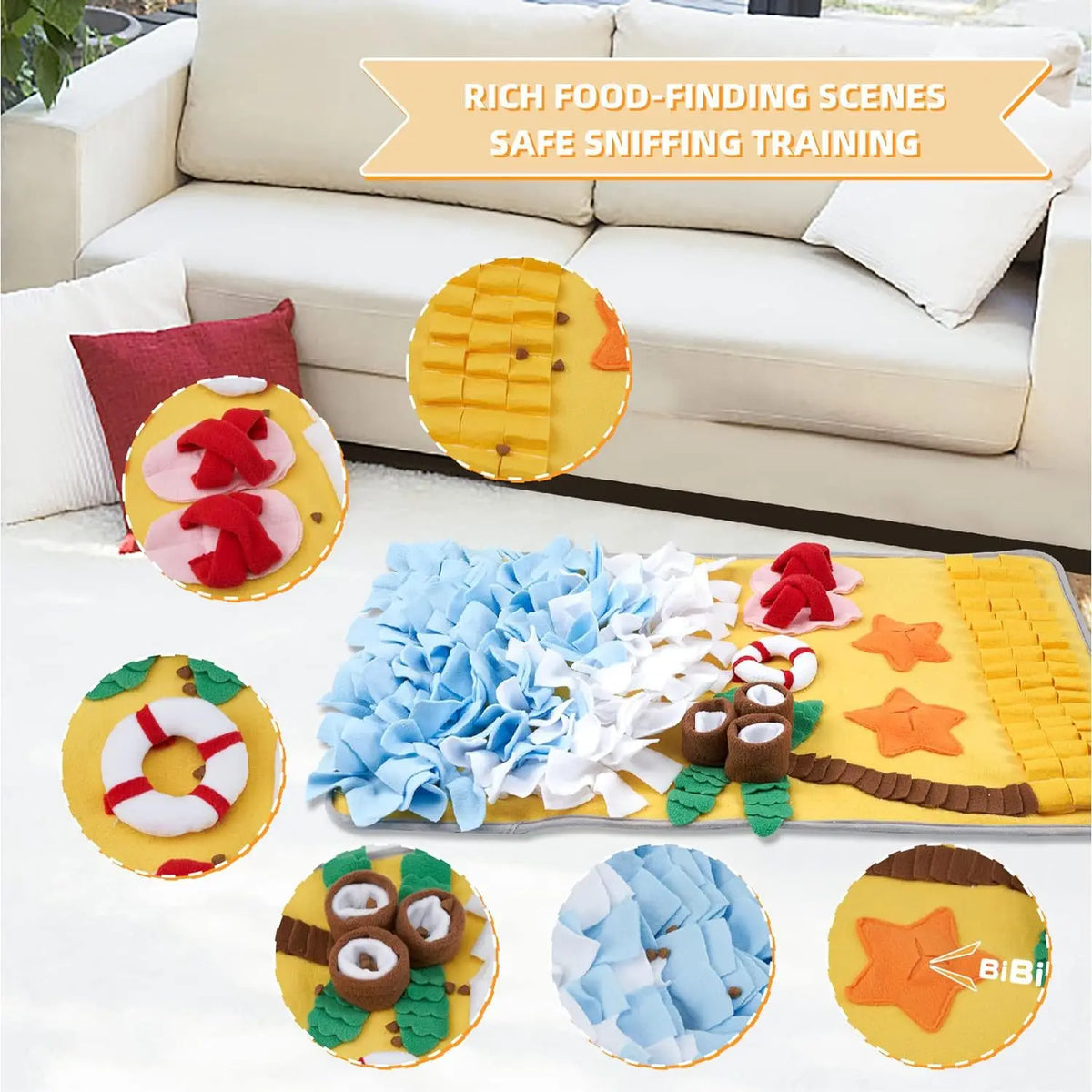 tapis d'activités chiens motif plage palmier coquilles bouée sandales étoiles bibi bleu blanc jaune