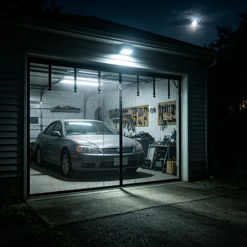 moustiquaire rideau porte garage noir maille fine clips suspension moderne protection insectes atelier patio