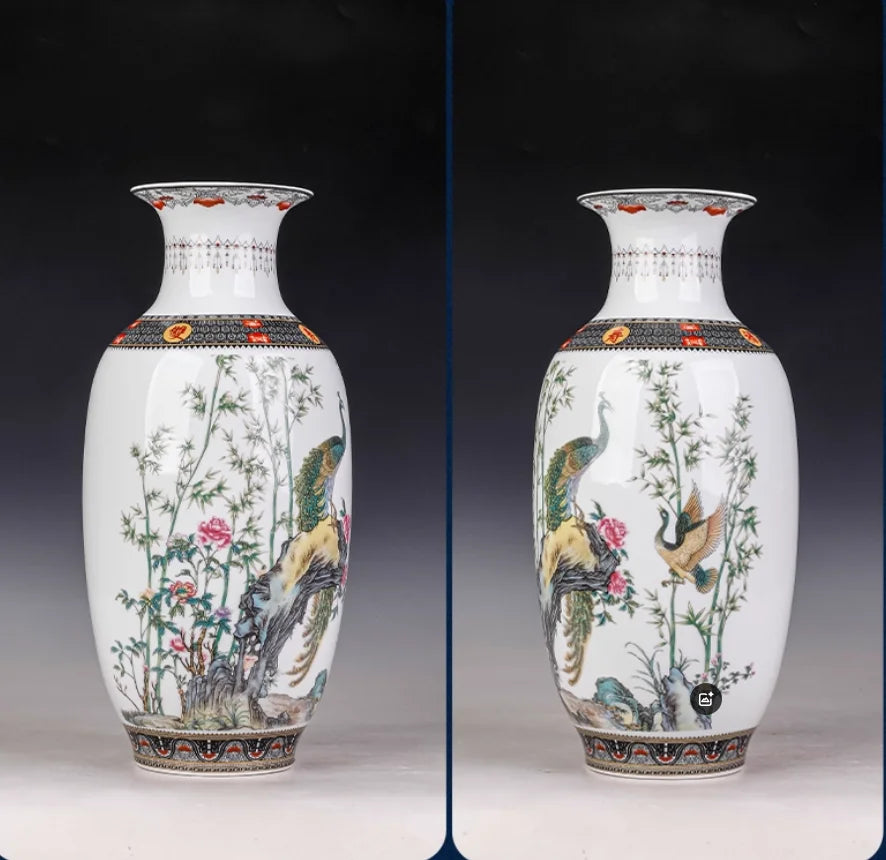 vase céramique traditionnel chinois oiseaux pavons fleurs bambou géométrique salon decoration