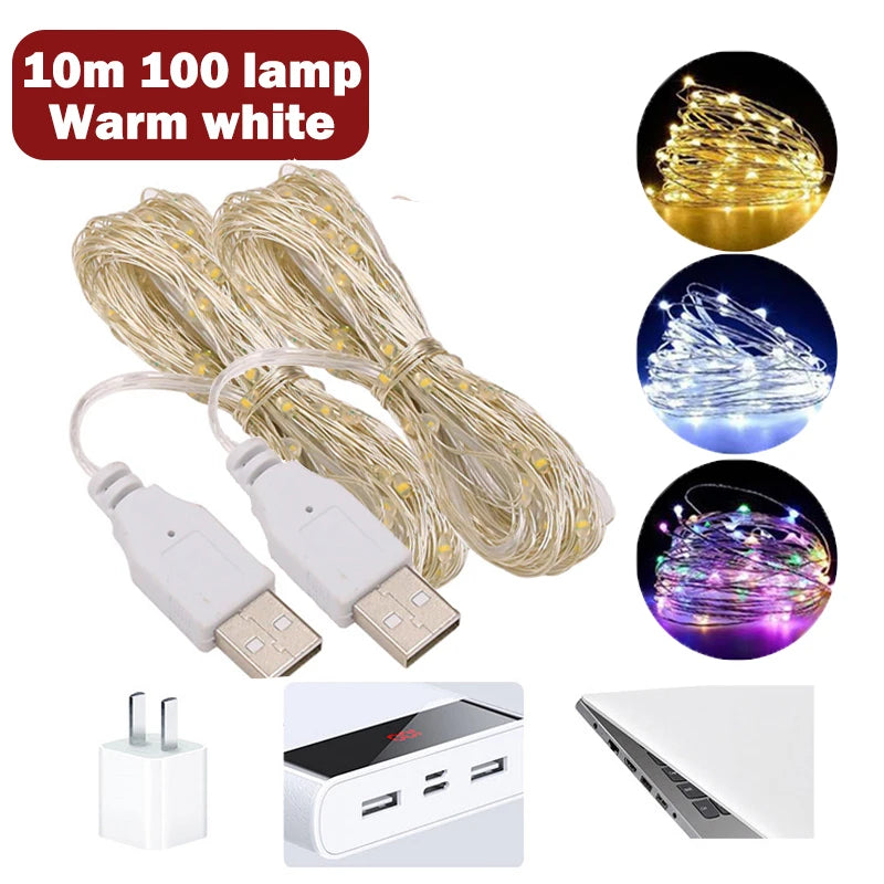 guirlande lumineuse led blanc chaud moderne prise usb adaptateur secteur externe vacances décoration fêtes