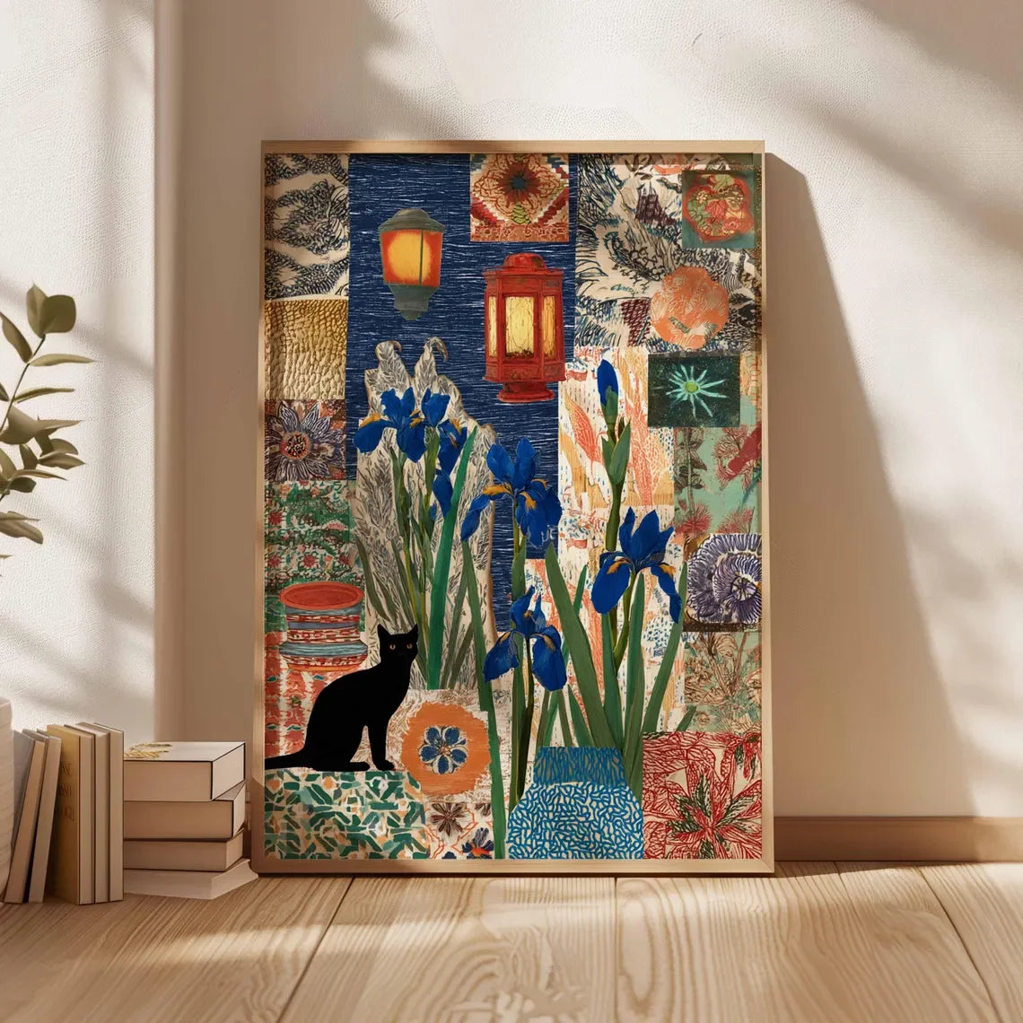 tableau floral patchwork lanternes géométrique moderne bleu vert orange noir blanc