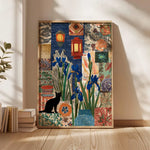 tableau floral patchwork lanternes géométrique moderne bleu vert orange noir blanc