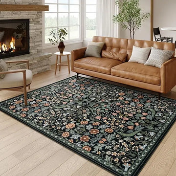tapis salon rectangulaire motif fleurs vintage beige vert bleu marine doux maison