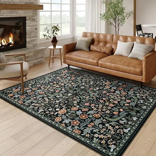 tapis salon rectangulaire motif fleurs vintage beige vert bleu marine doux maison