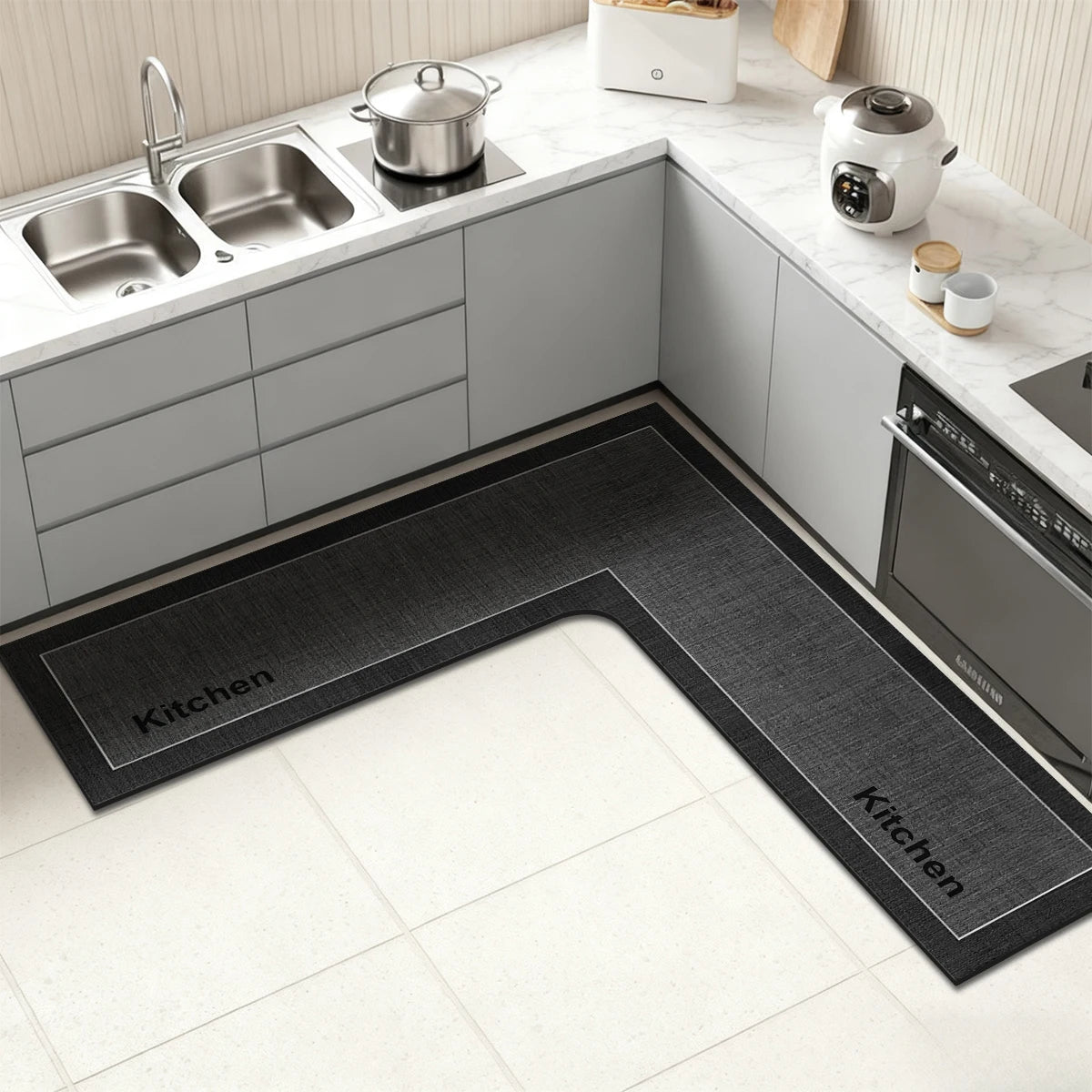 tapis cuisine gris moderne motif kitchen absorbant antidérapant caoutchouc salle bain intérieur