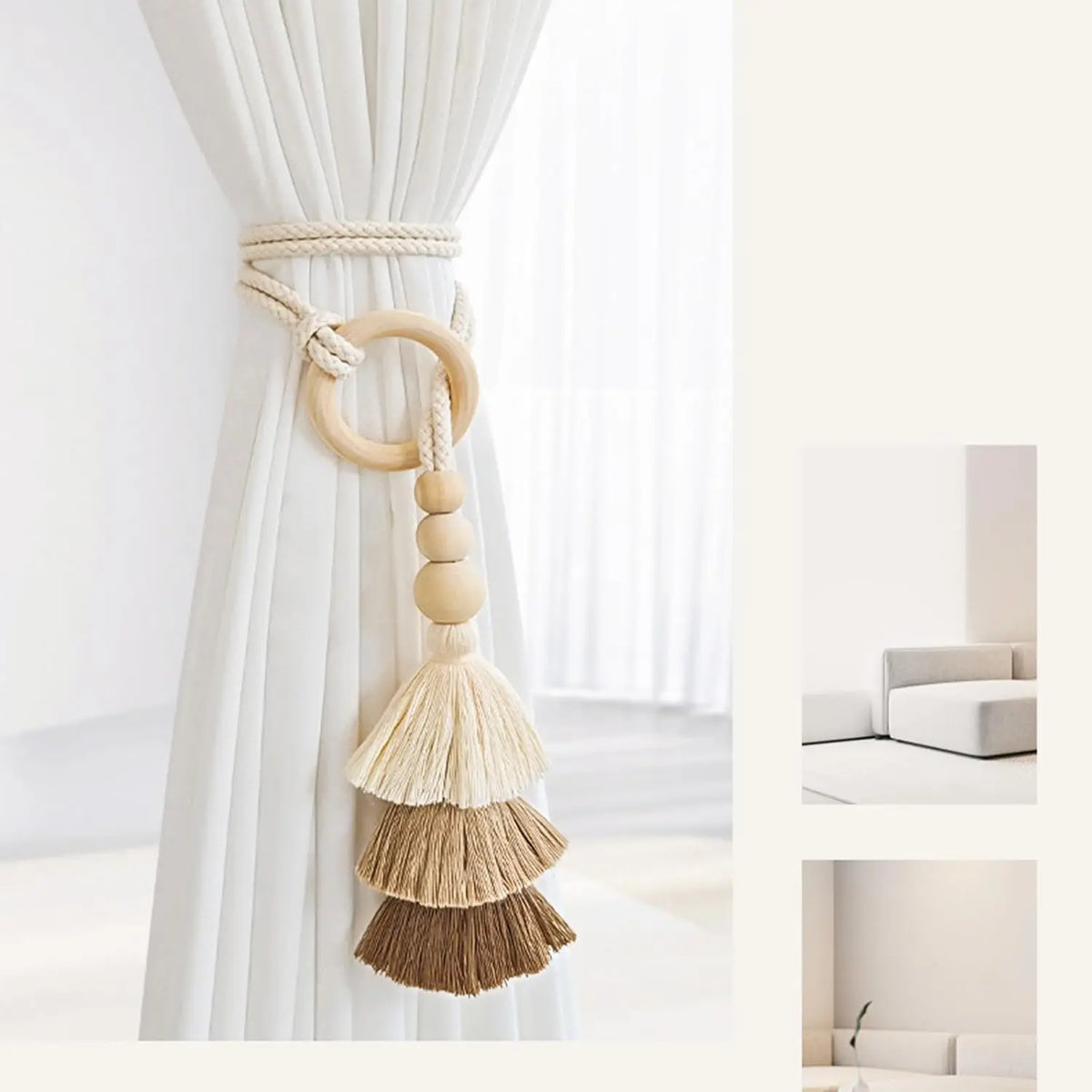 boucles rideau boho chic franges tissu coton beige blanc cassé anneaux circulaires fixations rideaux