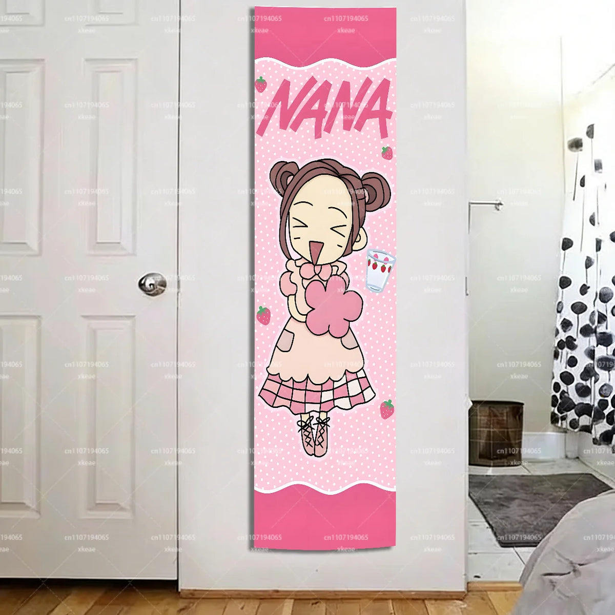 tapisserie murale personnages animés rose tresses bonbons fraises fond rose chambre décoration 150x40cm