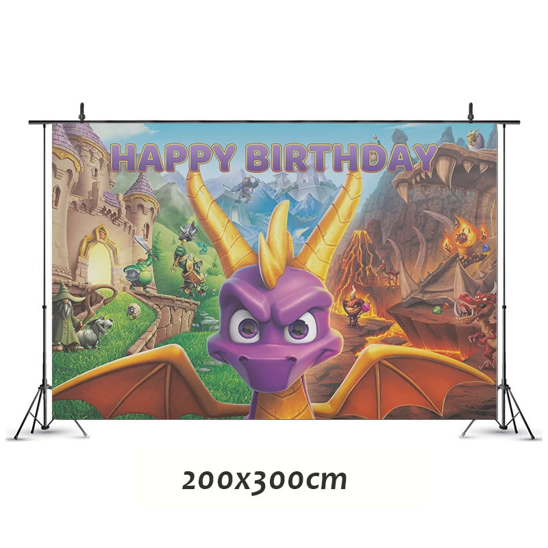 accessoires fête anniversaire dragon spyro assiettes gobelets pailles thème violet jaune vert
