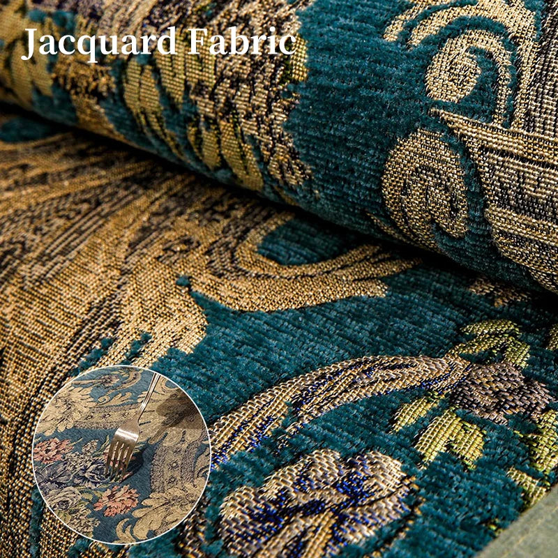 Motif de tissu Jacquard coloré aux tons chauds et bleus avec des éléments floraux et géométriques sophistiqués.