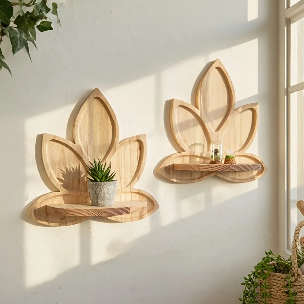 étagère murale bois clair fleur lotus bohème zen décoration naturelle plantes pots bougie