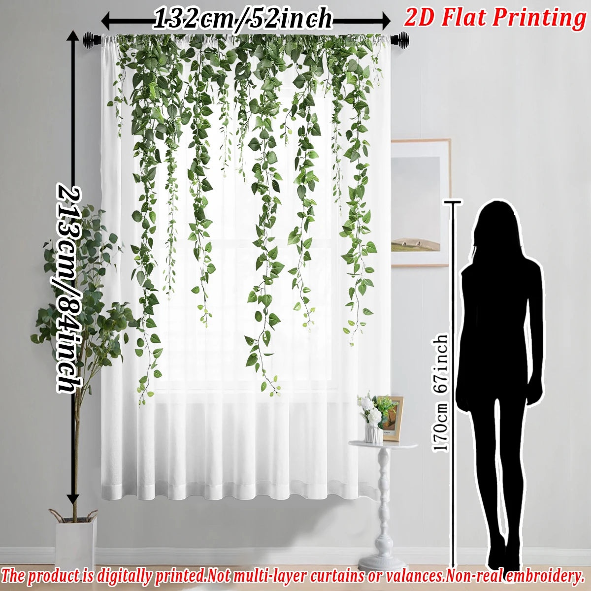 rideau fin imprimé lierre vert transparent bohème salon chambre maison tringle métallique