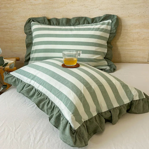 lot deux housses coussin coton vichy vert olive beige vintage chambre fille