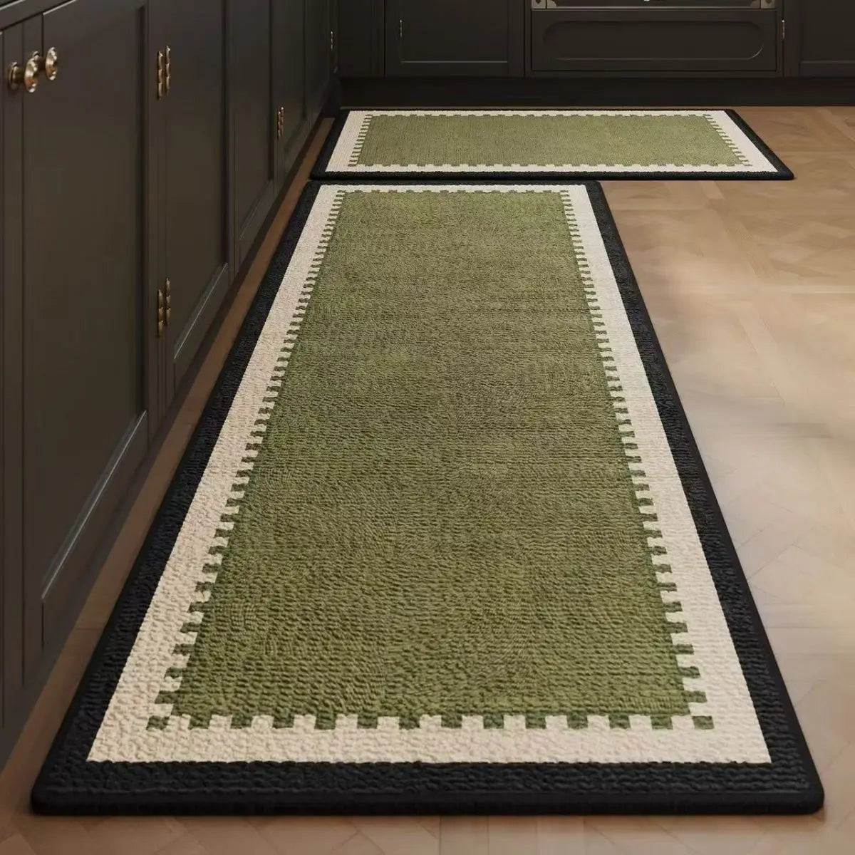 tapis acrylique antidérapant vert beige noir patchwork moderne rustique