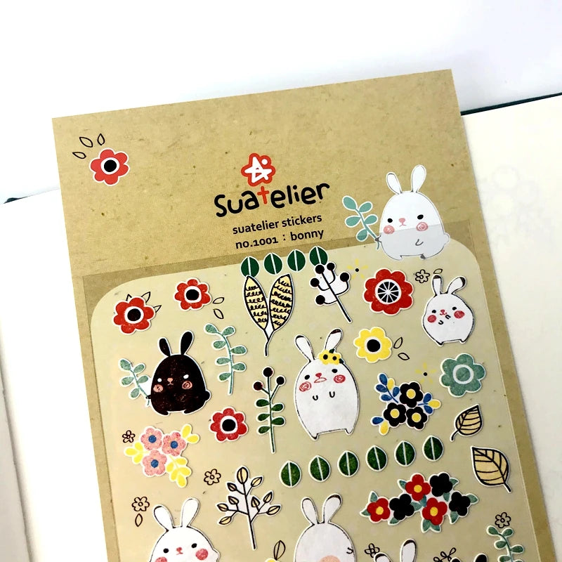 sticker lapin mignon fleurs motifs géométriques scrapbooking diy junk journal blanc noir rose vert