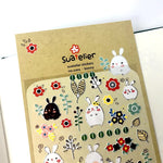 sticker lapin mignon fleurs motifs géométriques scrapbooking diy junk journal blanc noir rose vert