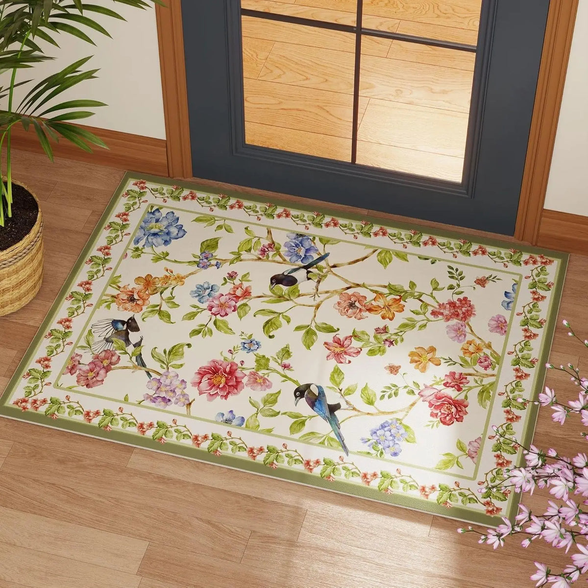 tapis sol floral oiseaux fleurs vert bleu beige résistant antidérapant moderne