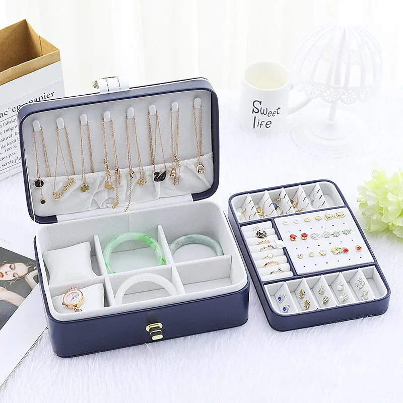 boîte bijoux bleu marine classique simili cuir double compartiment rangement bagues bracelets montres colliers