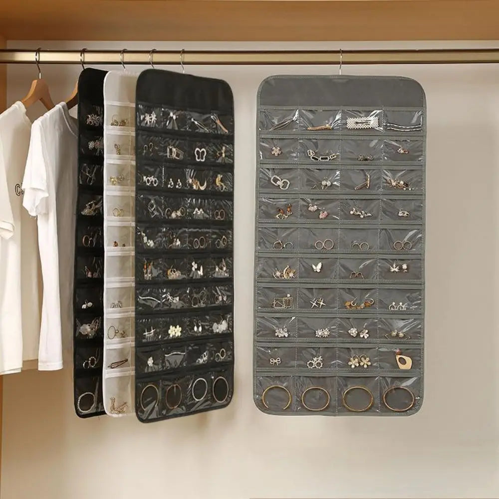 porte bijoux suspendu gris réutilisable compartiments individuels moderne transparent crochets métalliques